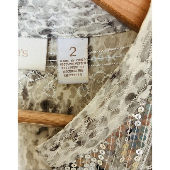 Chico's 2 Silver Sequin Snakeskin Patterned Sheer Tunic Top Blouse Large - Picture 5 of 8